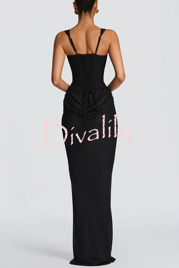 Larrah Square Neck Back Lace-up Satin Drape Hem Maxi Dress
