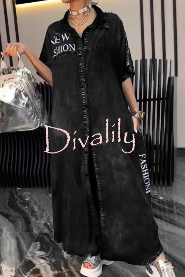 Fashion Letter Print Lapel Cardigan Loose Maxi Dress