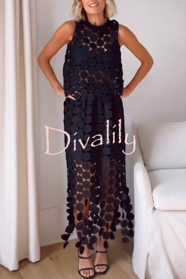 Casie See Through Circle Embroidery Elastic Waist Tassle Hem Maxi Skirt