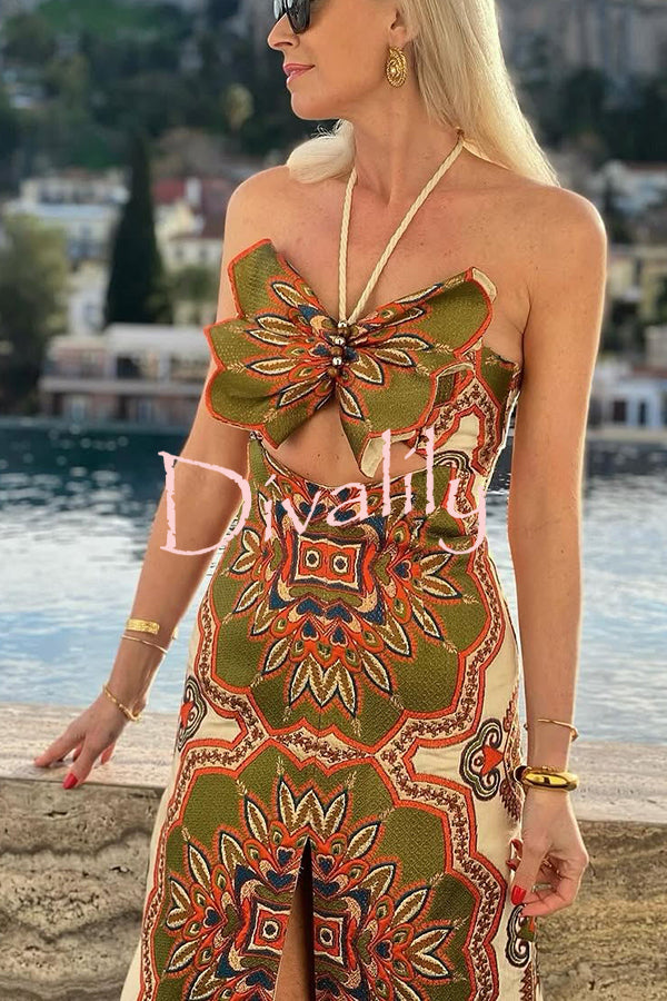 Rosalyn Unique Print 3D Butterfly Cutout Tassle Strap Halter Maxi Dress