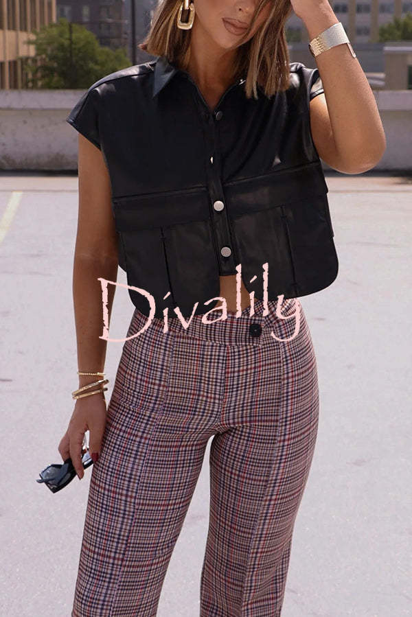 Fashion Faux Leather Pocket Sleeveless Cropped Jacket