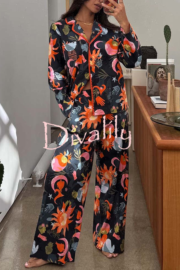 Evening Routine Unique Print Color-block Trim Loose Shirt and Elastic Waist Pocketed Pajama Set
