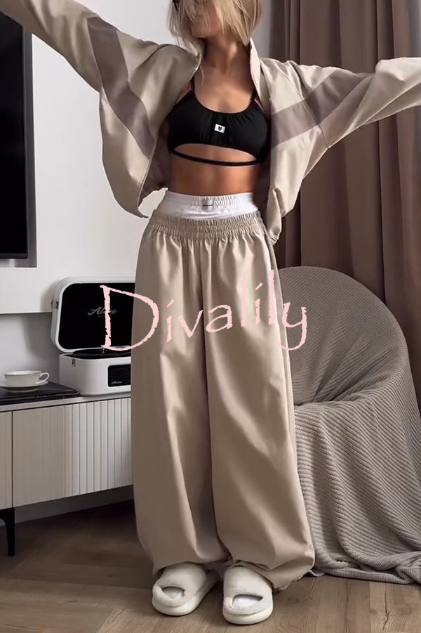 Fashionable Contrasting Long-sleeved Loose Coat and Elastic Waist Wide-leg Pants Set