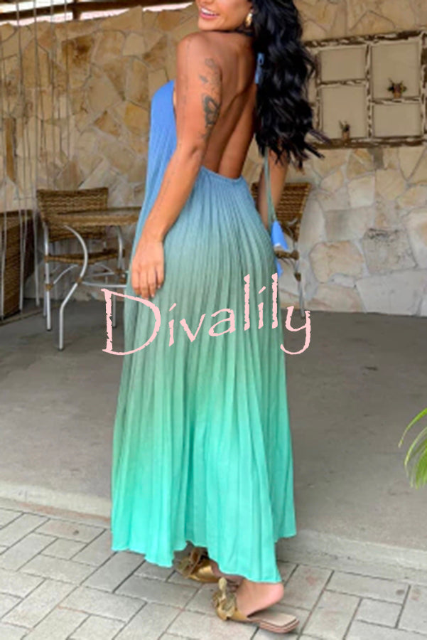 Sea goddess Gradient Print Pleated Halter Backless A-line Maxi Dress