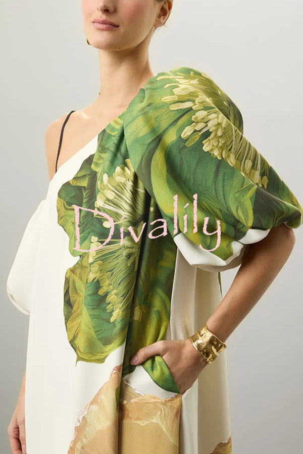 Floral Print Slant Collar Puff Sleeves Loose Holiday Maxi Dress