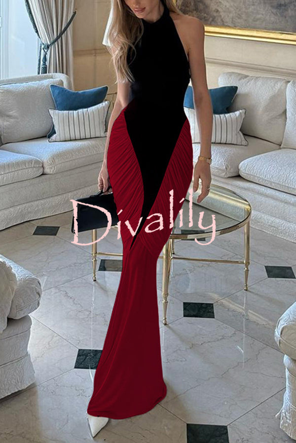 Fashionable Contrast Color Open Back Side Pleated Draped Maxi Dress
