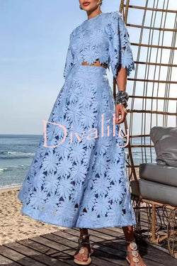 Elegant Embroidered Hollow Flowers Bell Sleeve Top and Full Hem Maxi Skirt Set