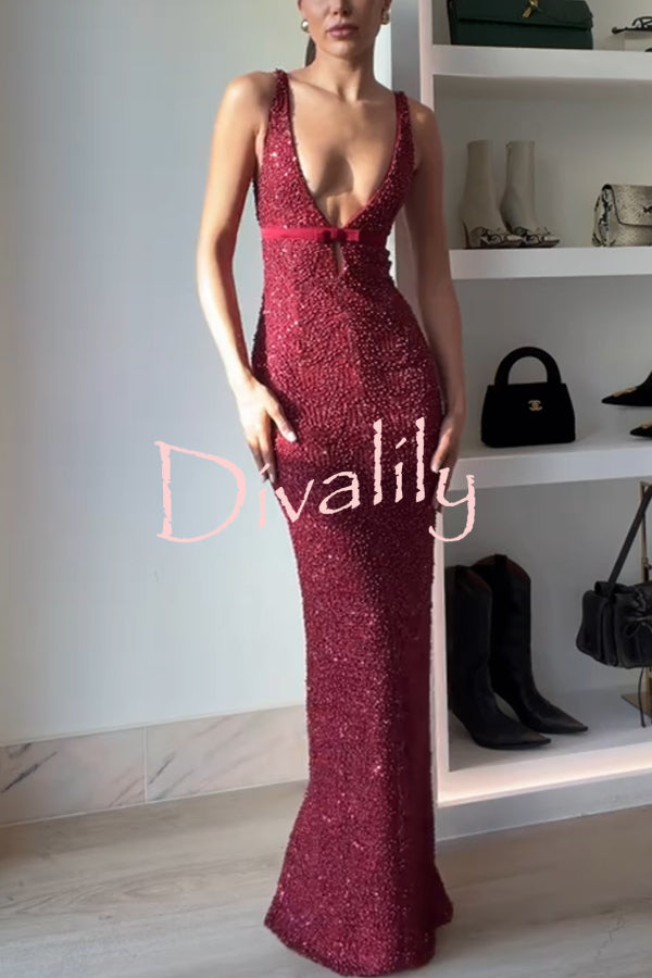 Festival Shines Sequin Beaded Mesh Bow Cutout Detail Slit Maxi Dress