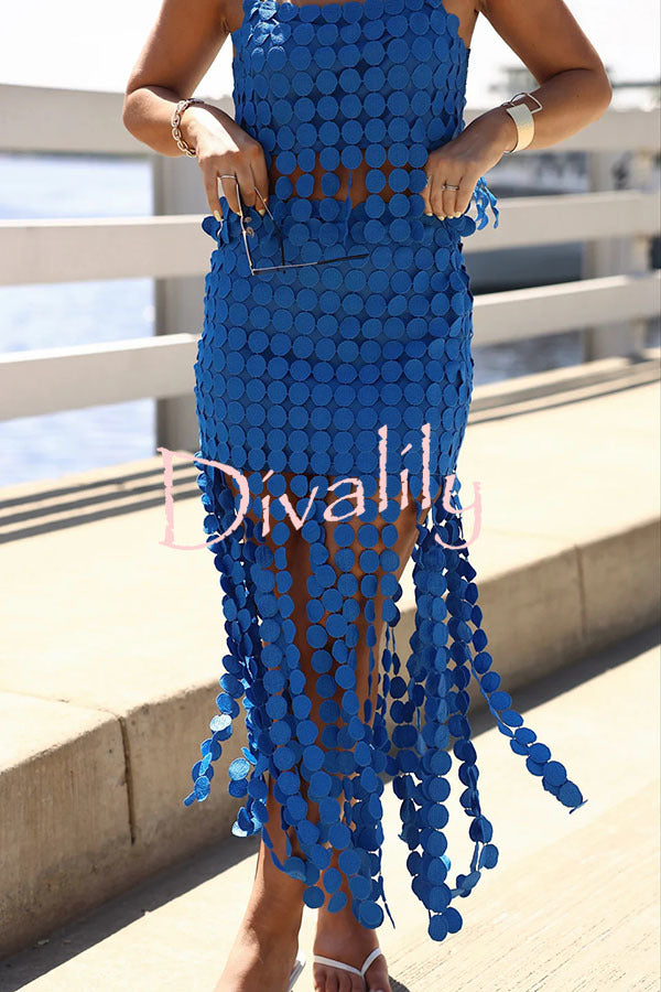 Caitlin See Through Circle Embroidery Elastic Waist Tassle Hem Maxi Skirt