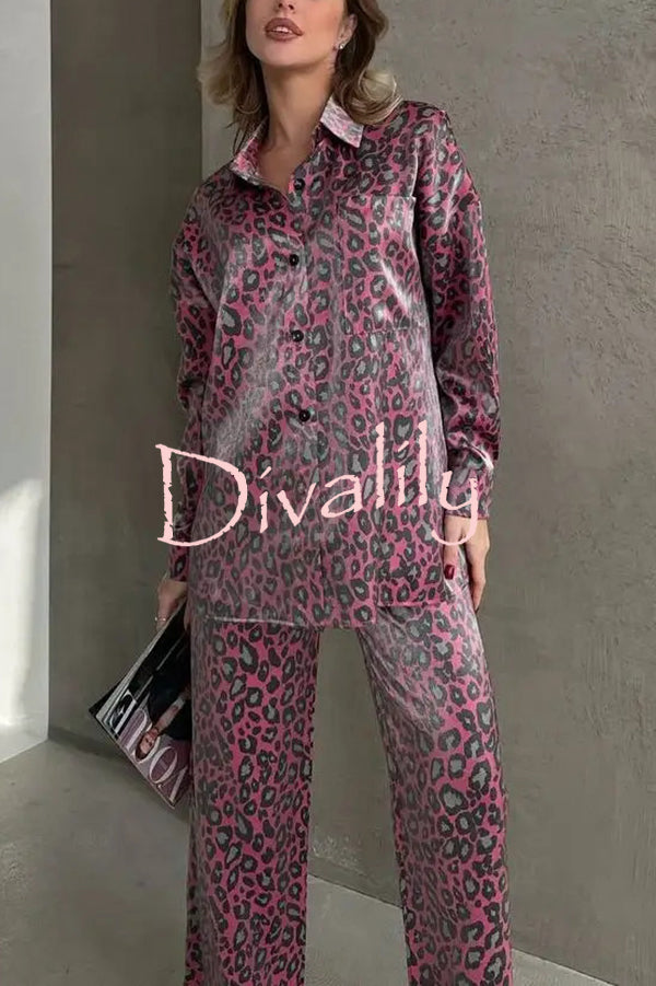 Leopard Print Long-sleeved Casual Top and Loose Elastic Waist Tie Pants Set