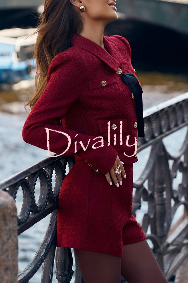 Sweet Dreams Tweed Bow Neck Button Long Sleeve Pocket Crop Jacket