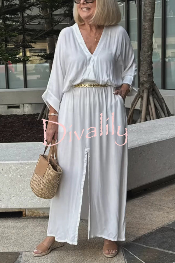 Solid Color V-Neck Casual Loose Pocket Slit Maxi Dress