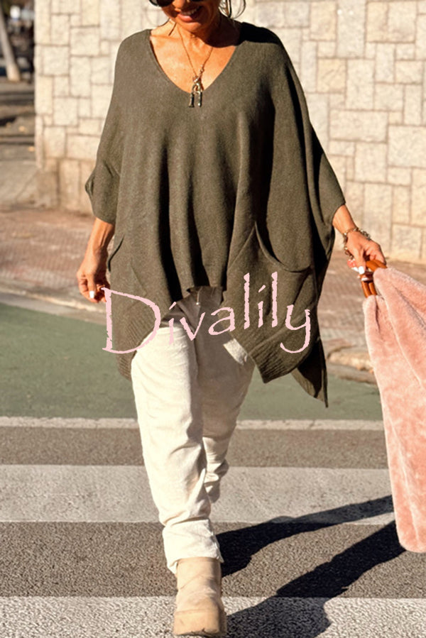 Fashion V-neck Loose Pocket Mid-length Knitted Sweater