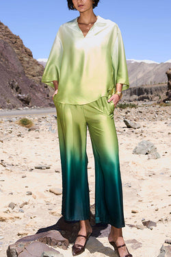 Alenah Satin Gradient Print V-Neck Loose Shirt and Casual Pocket Wide Leg Pants Set