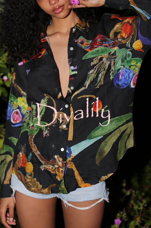 Unique Print Lapel Long Sleeve Loose Shirt and Elastic Waist Pocket Wide Leg Pants Set