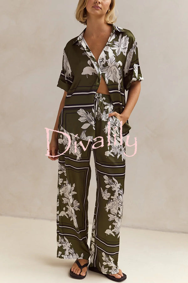 Fashionable Plant Print Loose Lapel Short Sleeve Shirt and Casual Elastic Waist Pocket Pants Set