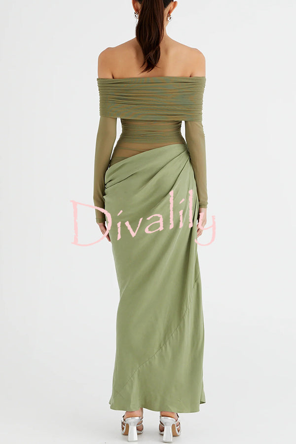 Exquisite Sexy Mesh Patchwork Off Shoulder Cutout Ruched Maxi Dress