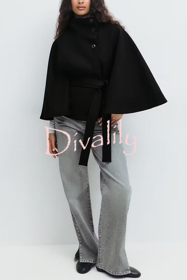 Fashionable Stand Collar Button Waist Tie Loose Cape