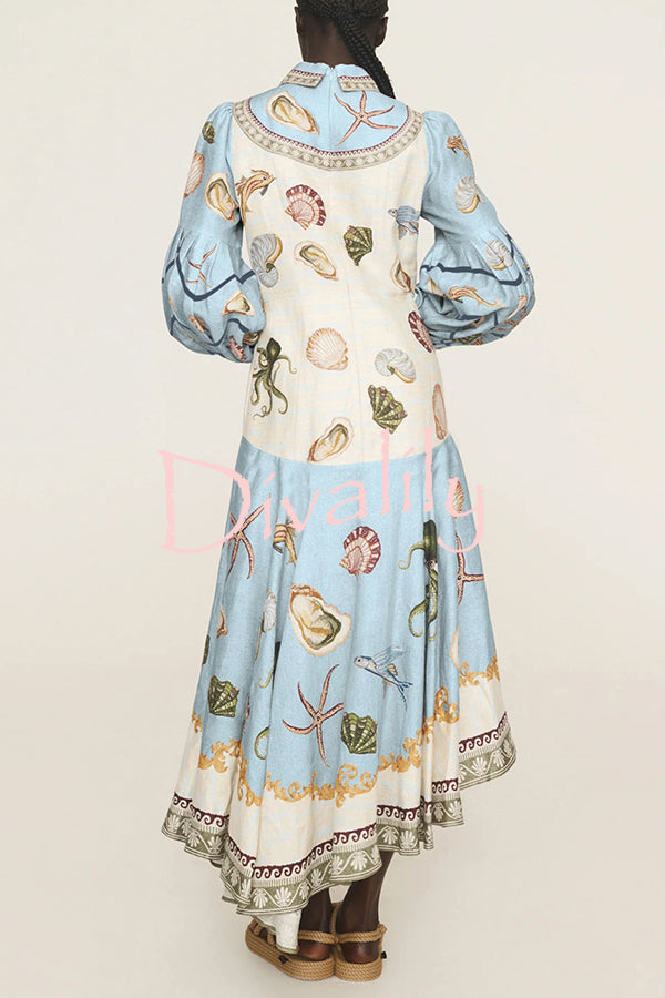 Ocean Print Lapel Button Waist Tie Resort Maxi Dress