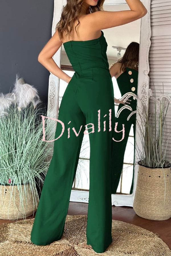 Solid Color Sexy Tube Top Gold Button Embellished Bootcut Jumpsuit