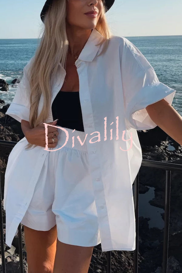 Summer Casual Loose Short-sleeved Shirt and Elastic High Waist Shorts Set