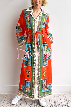 Linen Blend Unique Print Tie-waist Casual Maxi Dress
