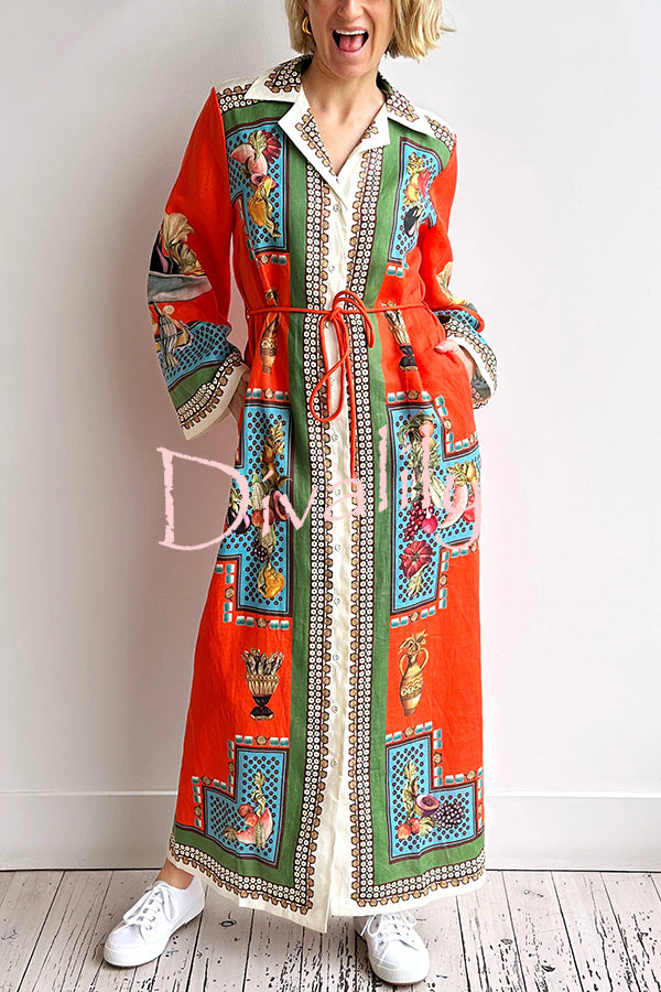Linen Blend Unique Print Tie-waist Casual Maxi Dress