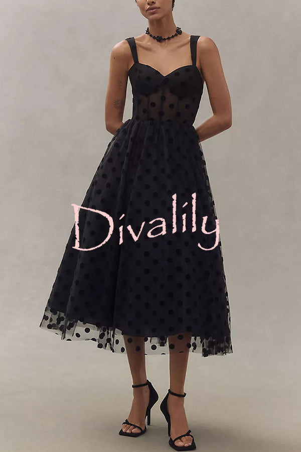 Perfect Guest Tulle Polka Dot Sweetheart Bustier A-Line Midi Dress