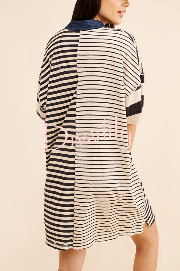 Contrast Striped Patchwork Denim Lapel Loose Casual Mini Dress