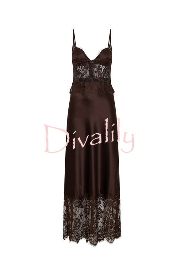 Elegant Evening Satin Lace Patchwork See-through Waist Slip Maxi Dress