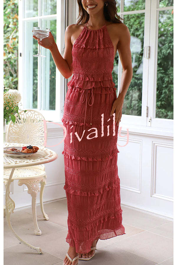 Feel Chic and Romantic Sequin Textured Material Back Elastic Halter Tie Tank and Drawstring Waist Tiered Maxi Skirt Set