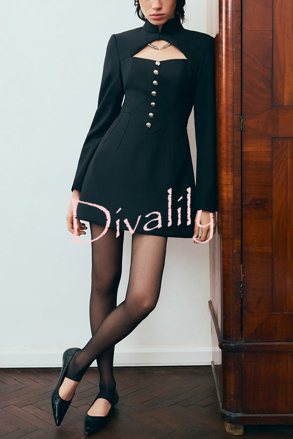 Elegant Long-sleeved Hollowed-out Button-down Slim-fit Mini Dress
