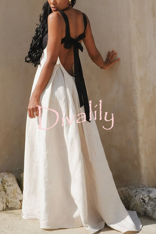 Jordina Linen Blend Colorblock Cups Backless Tie-up Loose Maxi Dress