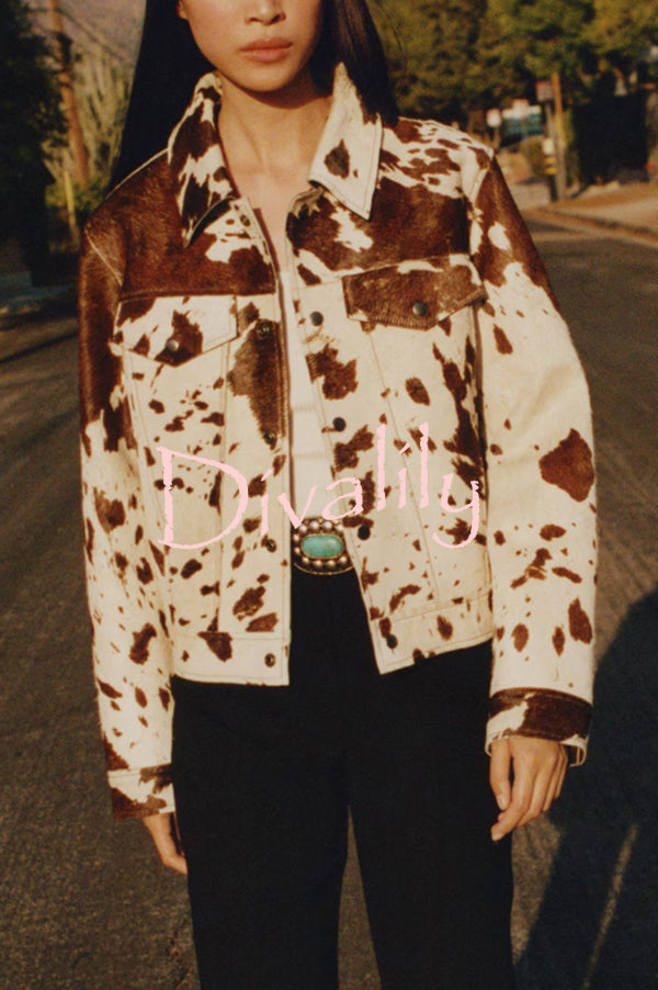 Fashionable Irregular Cow Pattern Lapel Short Jacket