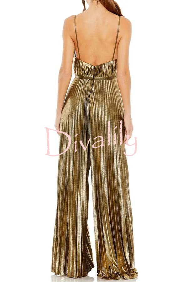 Disco Fashion Metallic Fabric Pleated V-Neck Slip Wide Leg Jumpsuit