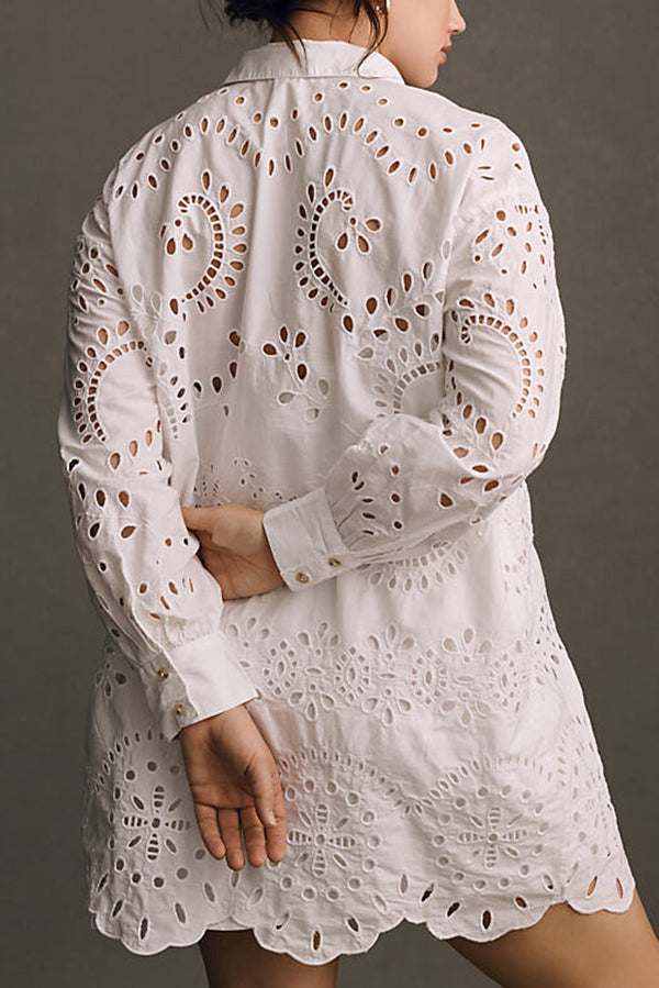 Solid Color Hollow Embroidery Casual Long Sleeve Loose Shirt