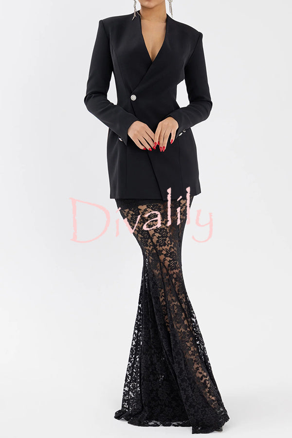 Poetic Muse Stand V-neck Rhinestone Button Up Long Sleeve Blazer