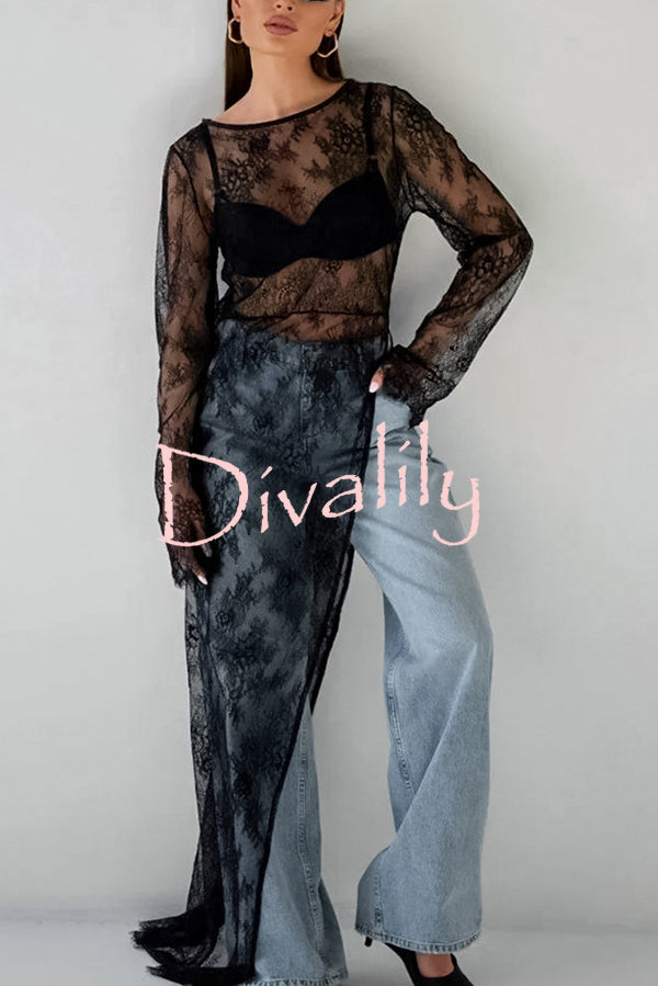 Sexy Openwork Lace Long-sleeved Asymmetrical Casual Top
