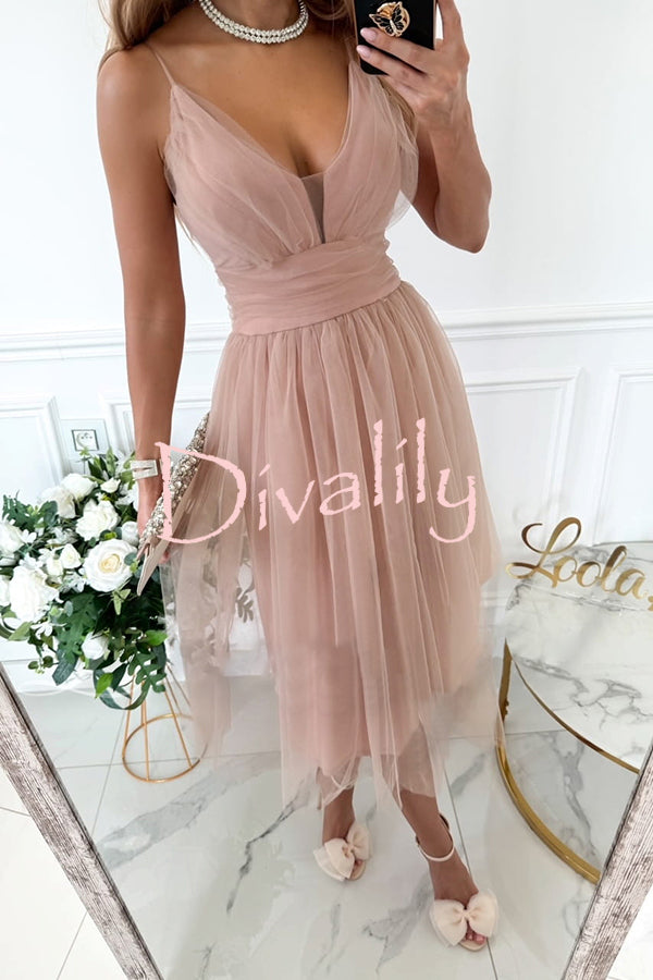 Stylish Luxury Tulle Ruched Waist Pleated Slip Formal Midi Dress