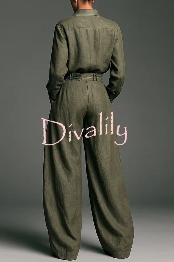 Linen Blend Lapel Long-sleeved Casual Shirt and High-waist Pocket Loose Wide-leg Pants Set