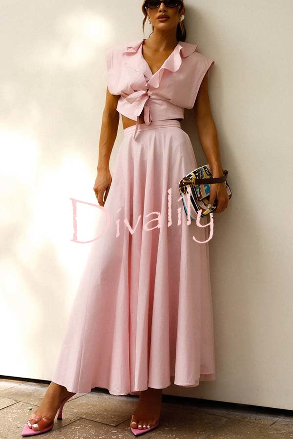 Haylee Linen Blend Ruffle Neck Tie-up Crop Top and High Rise Umbrella Maxi Skirt Set