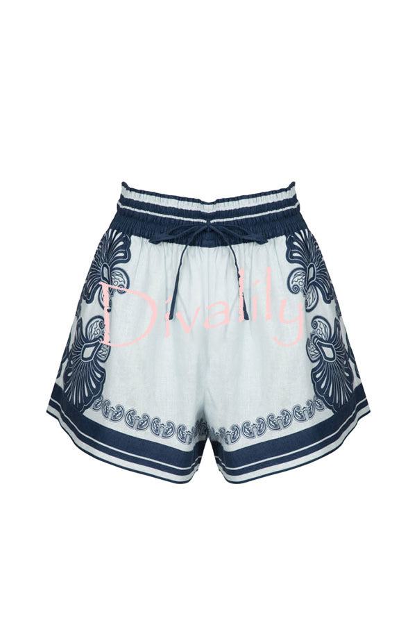 Jiya Linen Blend Unique Print Halter Scarf Tank and Elastic Waist Pocket Shorts Set