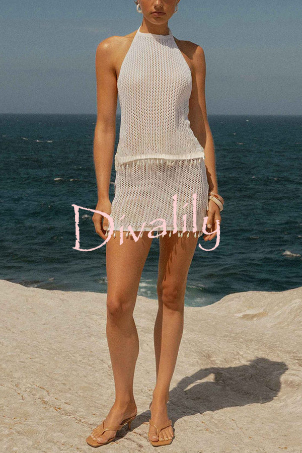 Fashion Knit Hollow Back Top and Embellished Fitted Stretch Beach Mini Skirt Set