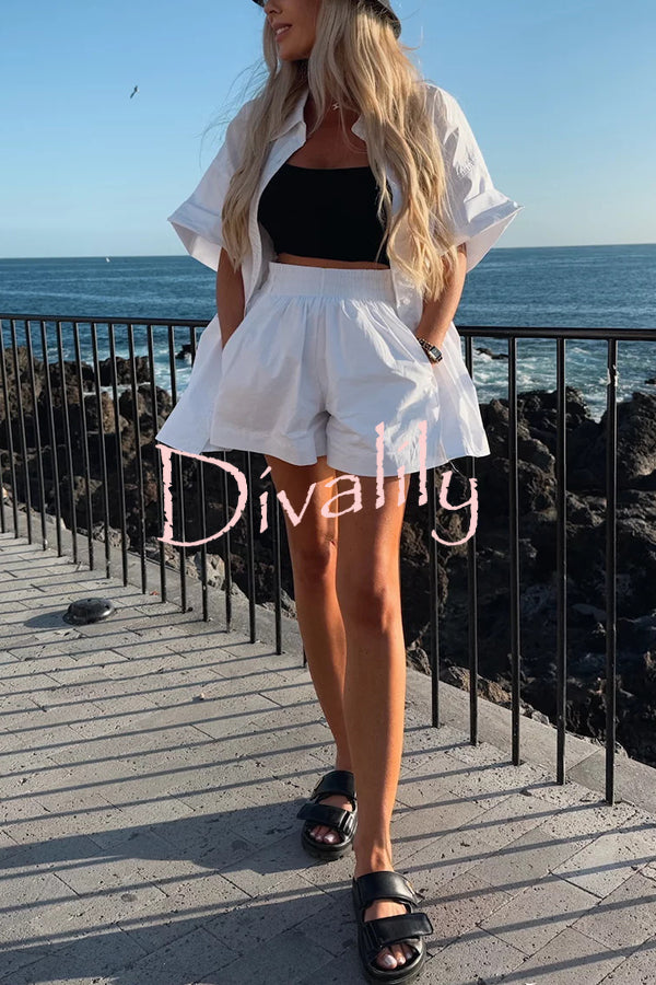 Summer Casual Loose Short-sleeved Shirt and Elastic High Waist Shorts Set