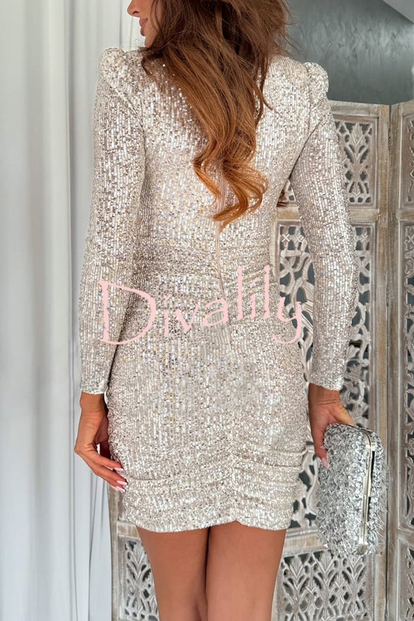 Dreamy and Dazzling Sequin Mesh V-neck Long Sleeve Ruched Stretch Mini Dress