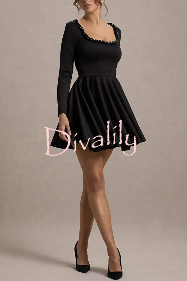 Playful Elegance Pearl Embellished Trim Long Sleeve Pleated Mini Dress