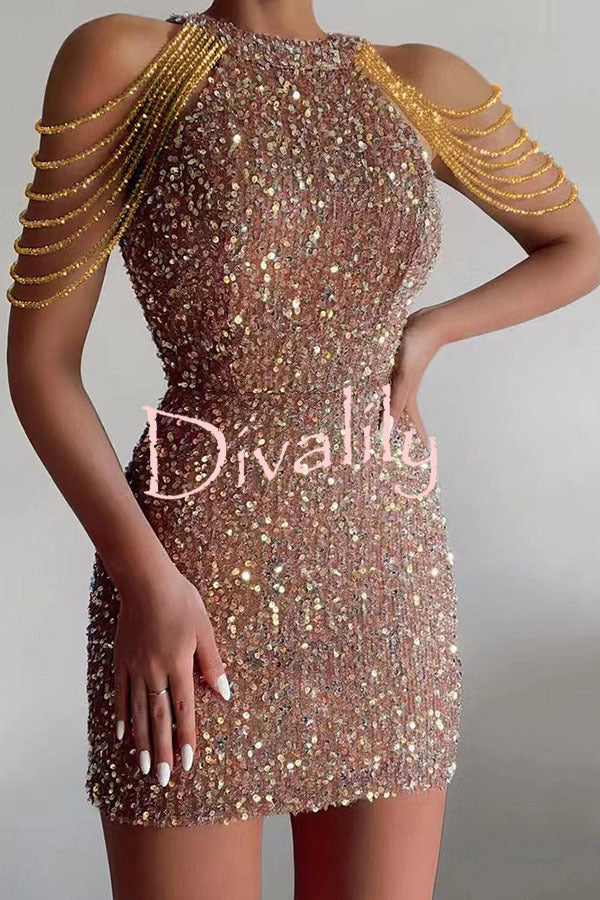 Looking At The Glamorous View Sequin Tassel Shoulder Cocktail Mini Dress