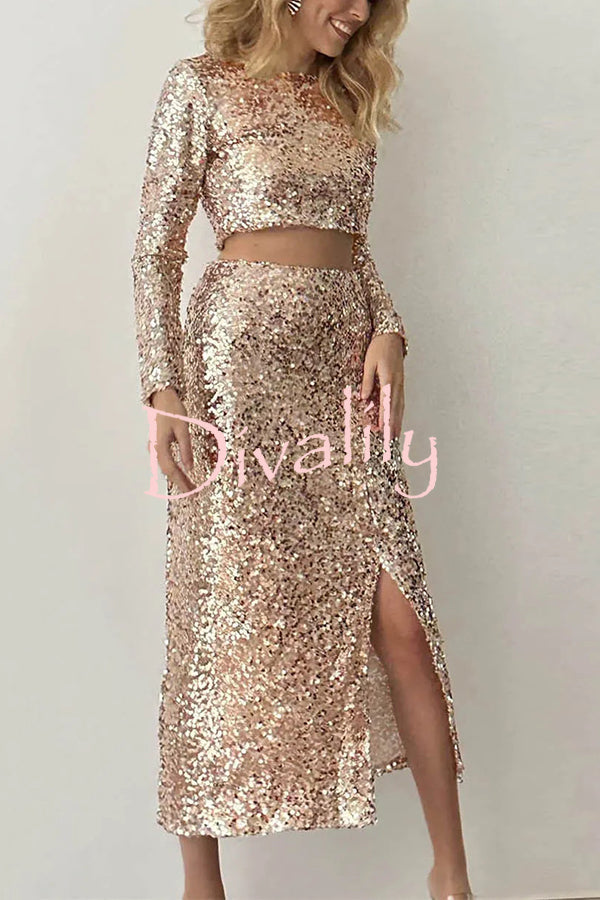 Solid Sequined Long-sleeved Crop Top and Sexy Slit Midi Skirt Set