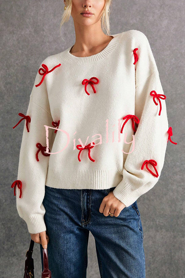 Christmas Bow Round Neck Loose Long Sleeve Knitted Sweater