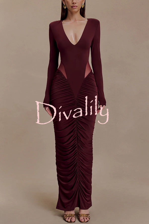Sexy See-through Long-sleeved V-neck Pleated Slim-fit Maxi Dress